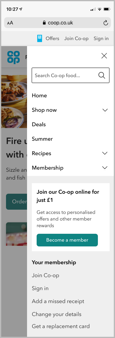 Co-op mobile website navigation under 'Membership'